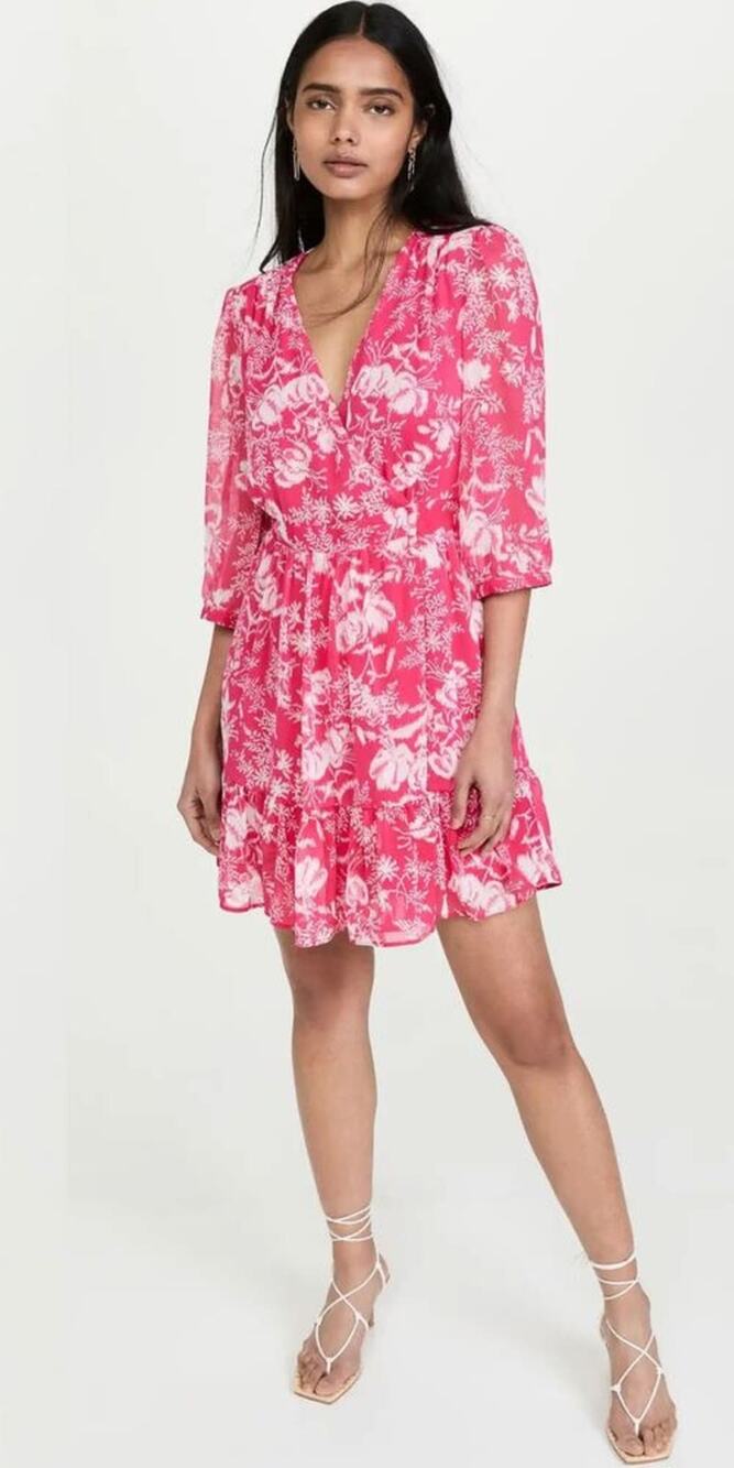 ba&sh Ulia Rose Pink Floral Chiffon 3/4 Sleeve Wrap Mini Dress Size S